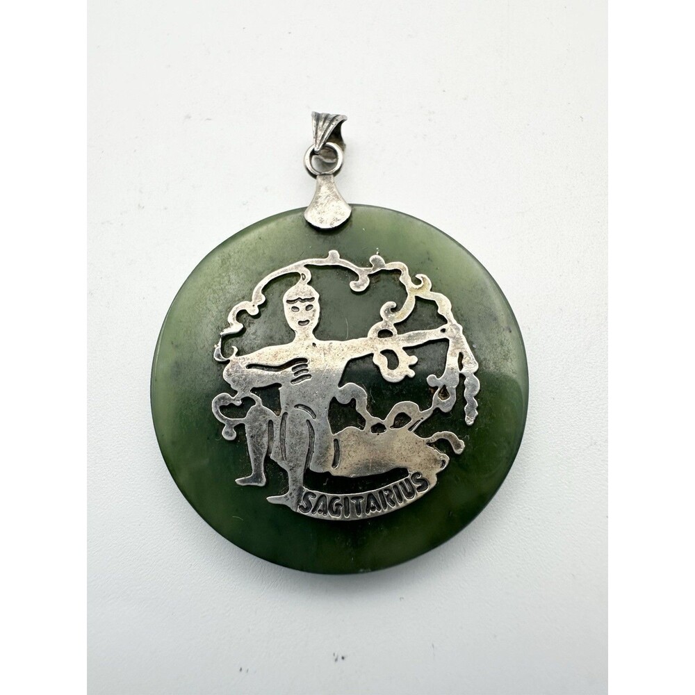 Vintage Sagittarius Nephrite Jade Round Pendant